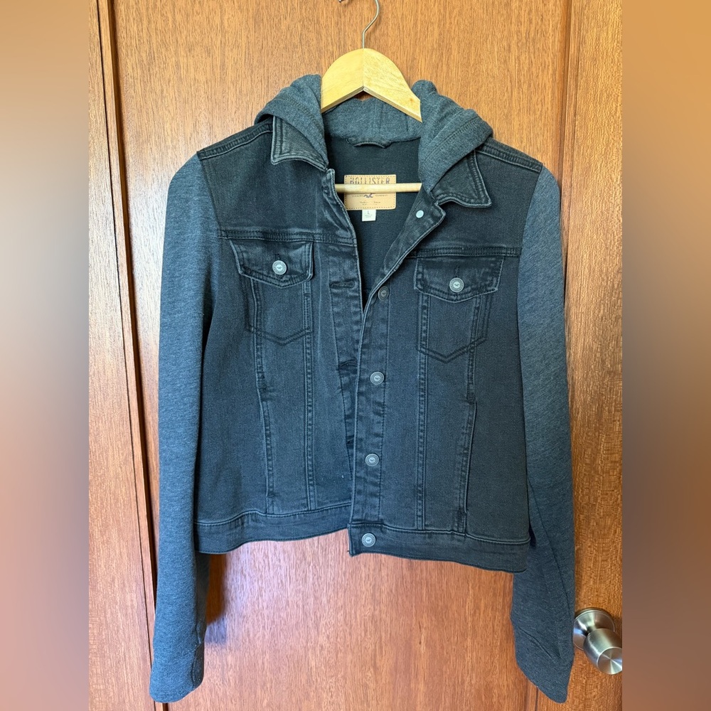 Hollister Dark Denim Jacket with Gray Hood & Sleeves
